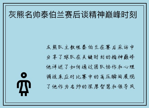 灰熊名帅泰伯兰赛后谈精神巅峰时刻